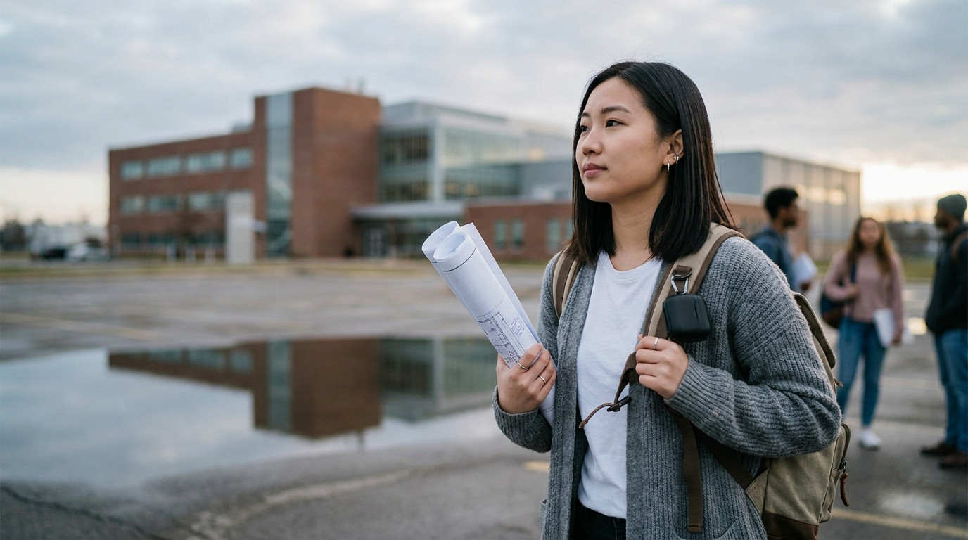 Engineering student walking toward a large industrial aerospace campus building on an overcast Ohio morning, a safety-gl