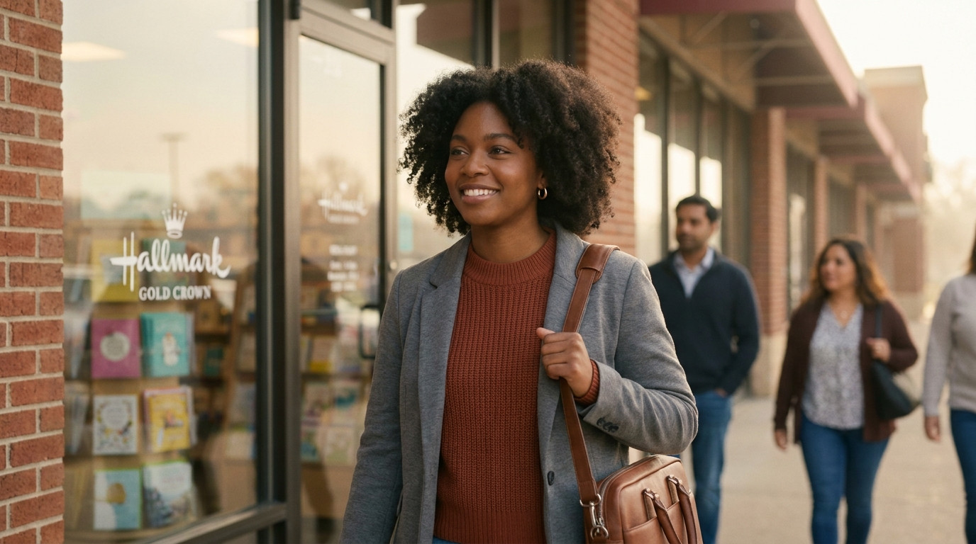 College student in a casual blazer walking past a Hallmark Gold Crown storefront in a Kansas City strip mall on a warm S