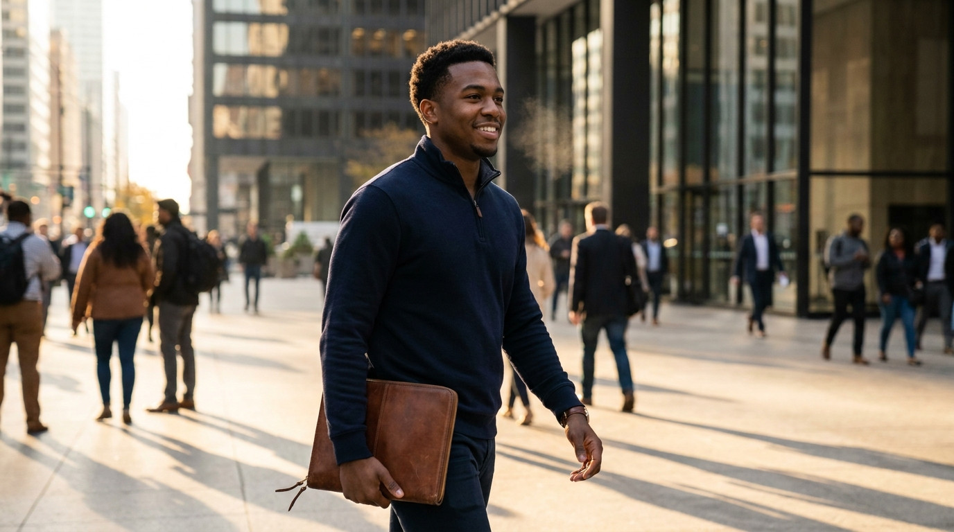 College student walking briskly across a downtown Chicago plaza past the Loop's glass office towers on an early autumn m