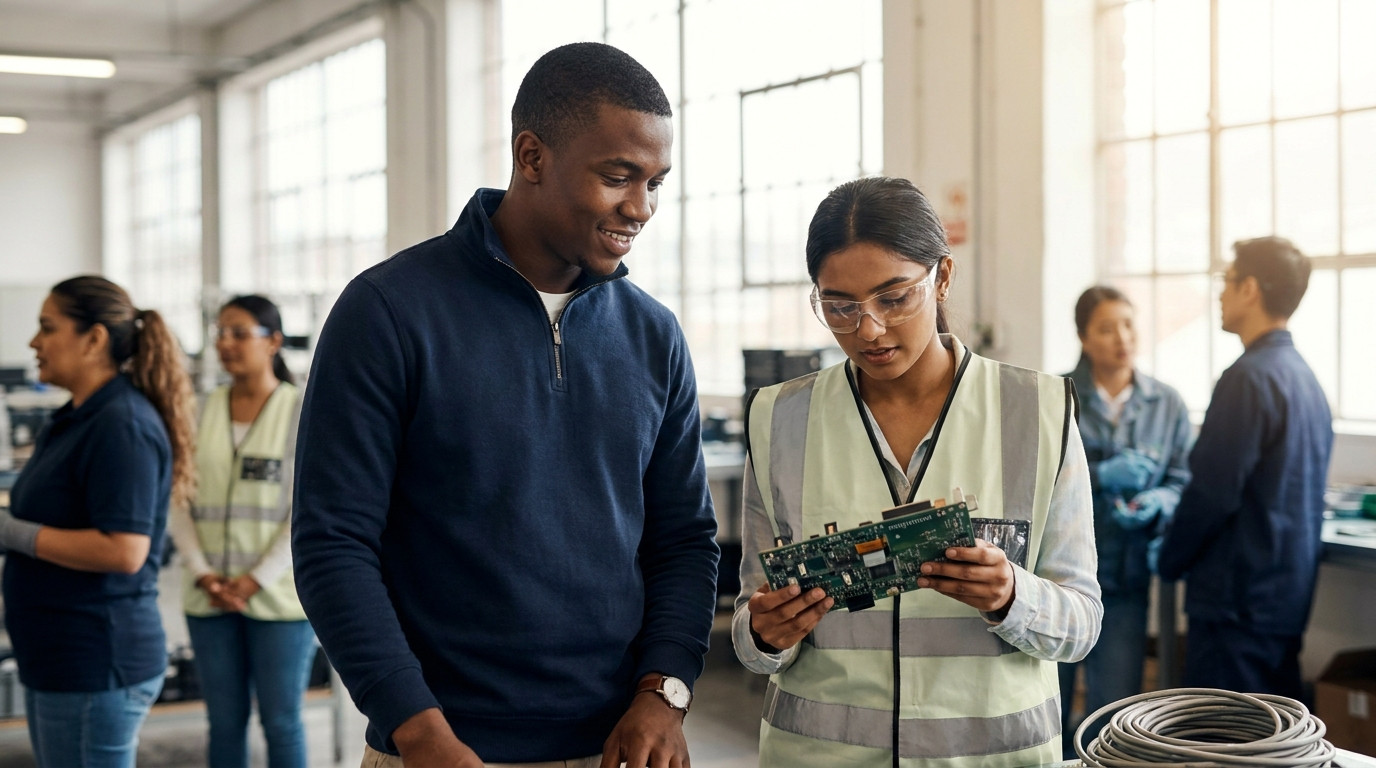 College-age engineering intern in safety glasses and a light PPE vest inspecting a circuit board assembly on an electron