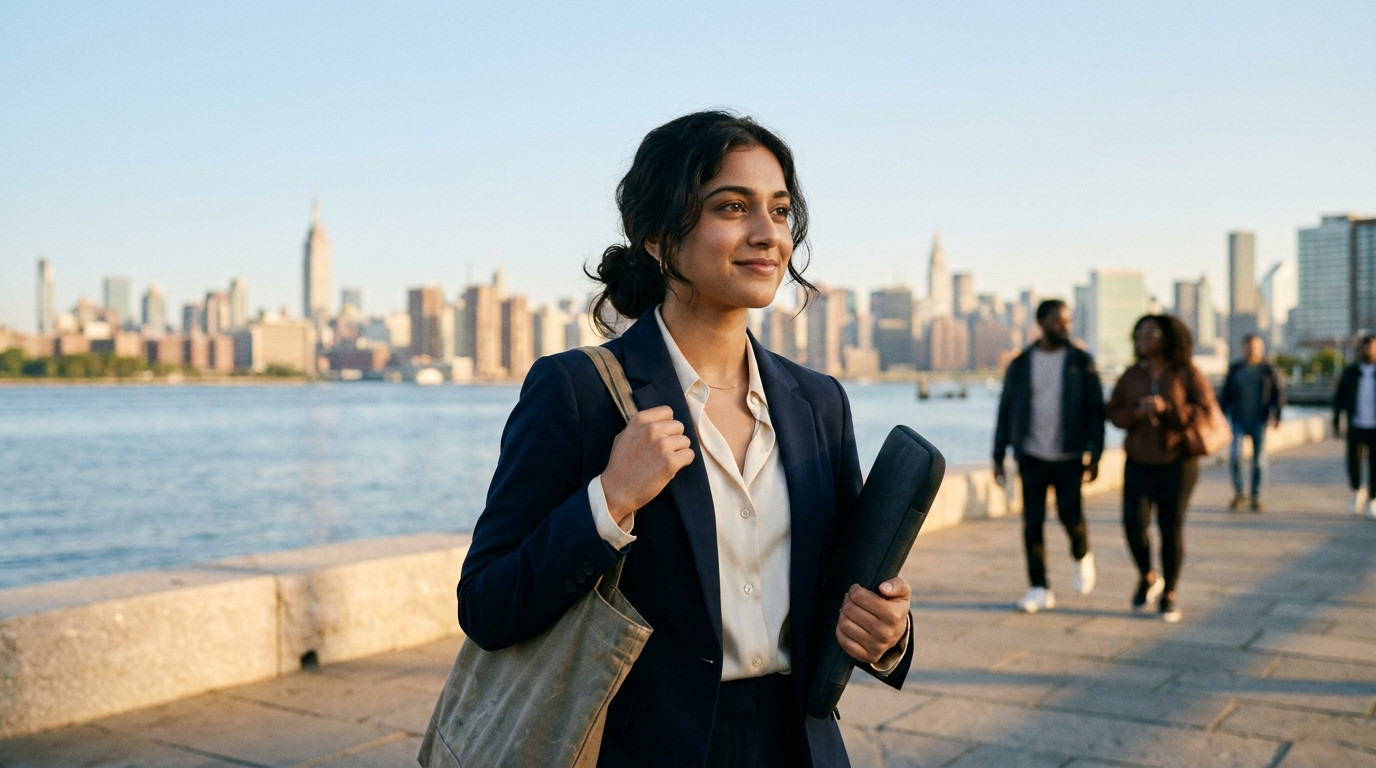 A college student in smart-casual clothing walking along a waterfront promenade in Long Island City on a clear morning,