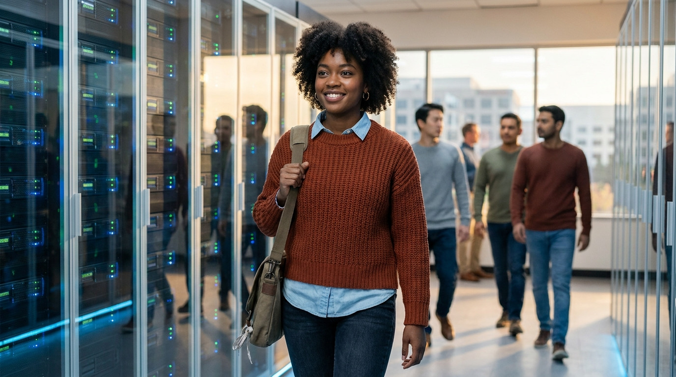 College student in a casual button-down walking through a modern data center hallway lined with server racks and status-