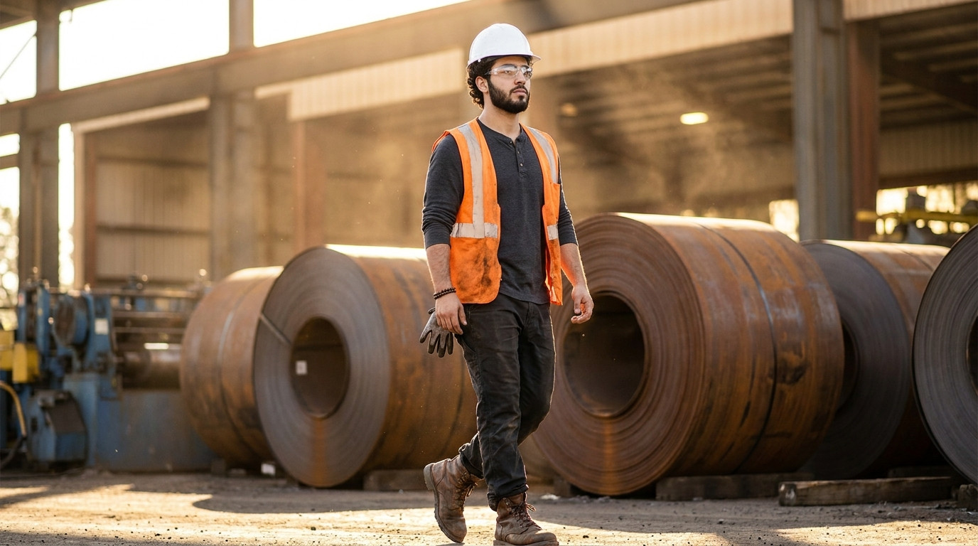 College student in a hard hat and safety glasses walking across a sunlit steel mill yard, coils of rolled steel stacked