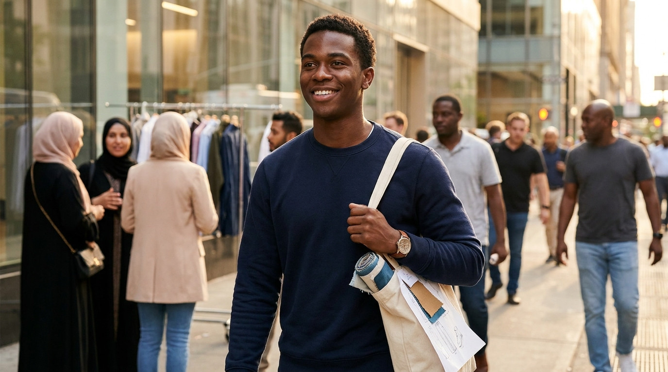College student walking along Seventh Avenue in Manhattan's Garment District on a bright September morning, carrying a c