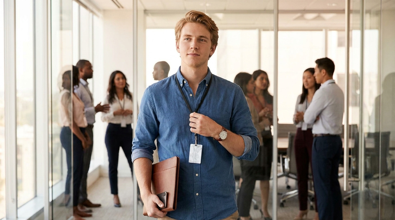 Young professional in business casual walking through a bright corporate office corridor, glass-walled meeting rooms sof