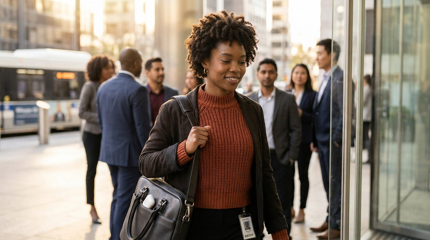 College-age intern walking into a modern glass-fronted tech office lobby in a downtown financial district on a bright mo