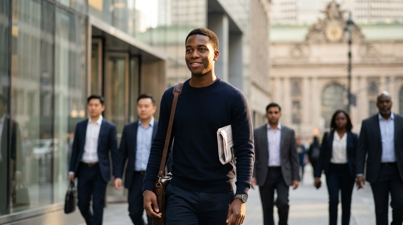 College student in business casual walking past a glass office tower near Grand Central in Manhattan on a bright weekday