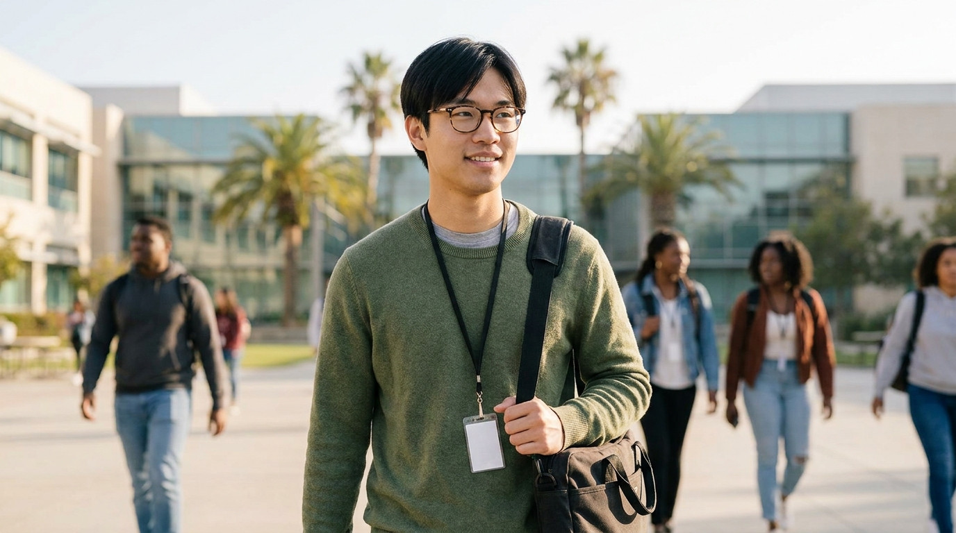 A college student in a plain gray t-shirt walking across a sunlit Silicon Valley tech campus courtyard, low modern glass