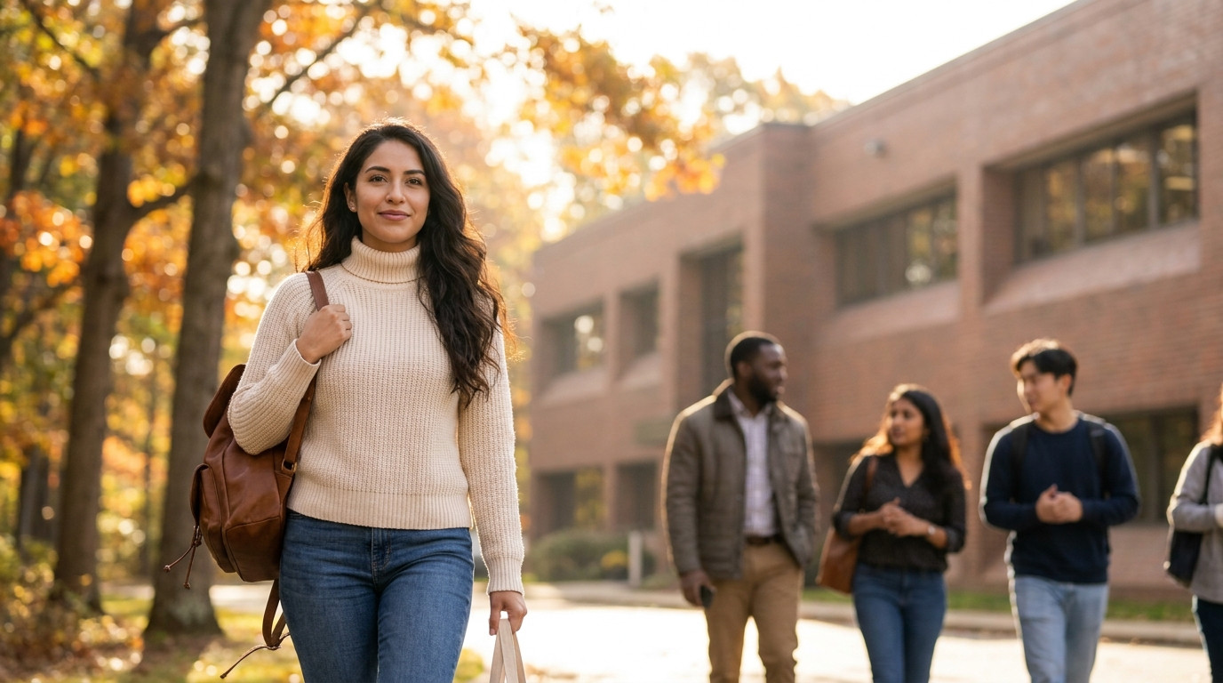 College student walking across a wooded corporate campus toward a low-rise office building on a bright fall morning, bac