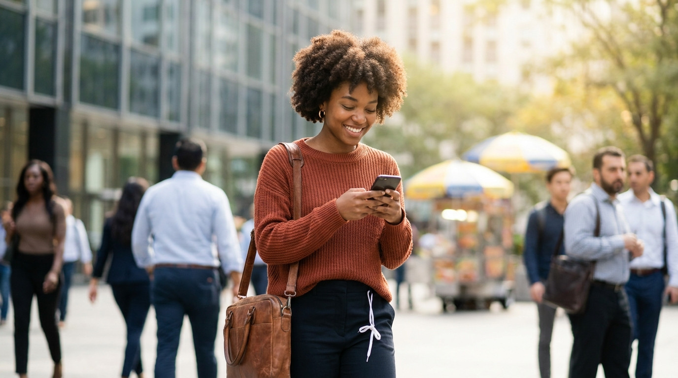 College student in business casual walking across a Midtown Manhattan plaza toward a glass office tower on a bright Sept