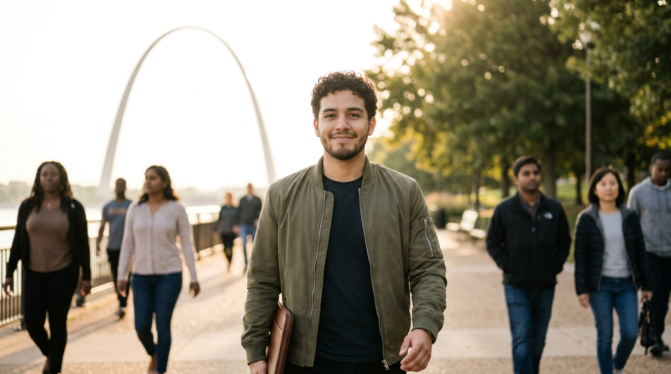 College student in business casual attire walking along a riverside path near downtown St. Louis on a bright June mornin