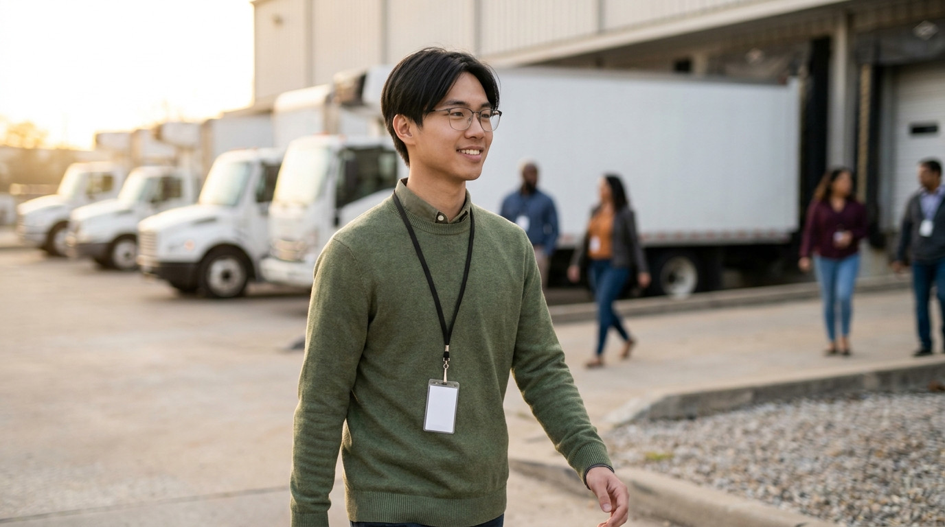 College student in business casual clothes walking toward a large foodservice distribution warehouse loading dock at sun
