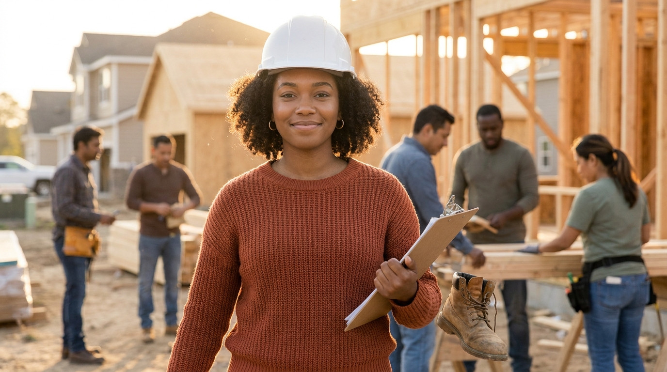 College student in work boots and a hard hat walking across an active suburban home construction site at golden hour, fr