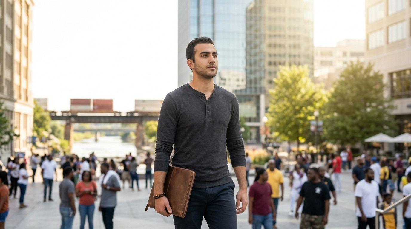 College student in business casual walking across a sunlit downtown Omaha plaza toward a glass office tower, a leather p