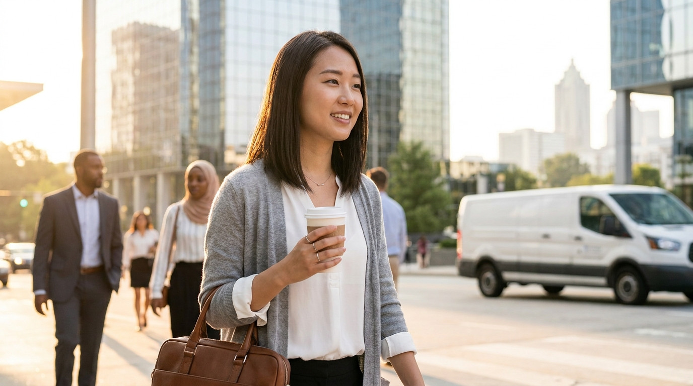 College student in business casual attire walking through a modern Atlanta office plaza on a bright late-summer morning,