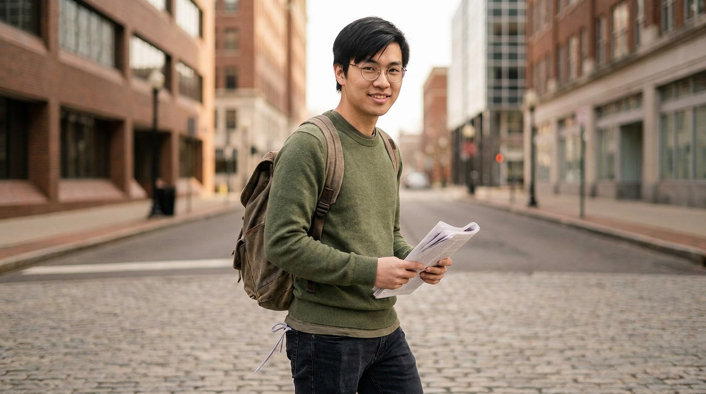 College student in a cardigan walking across a quiet downtown Hartford street on an early spring morning, glass-and-bric