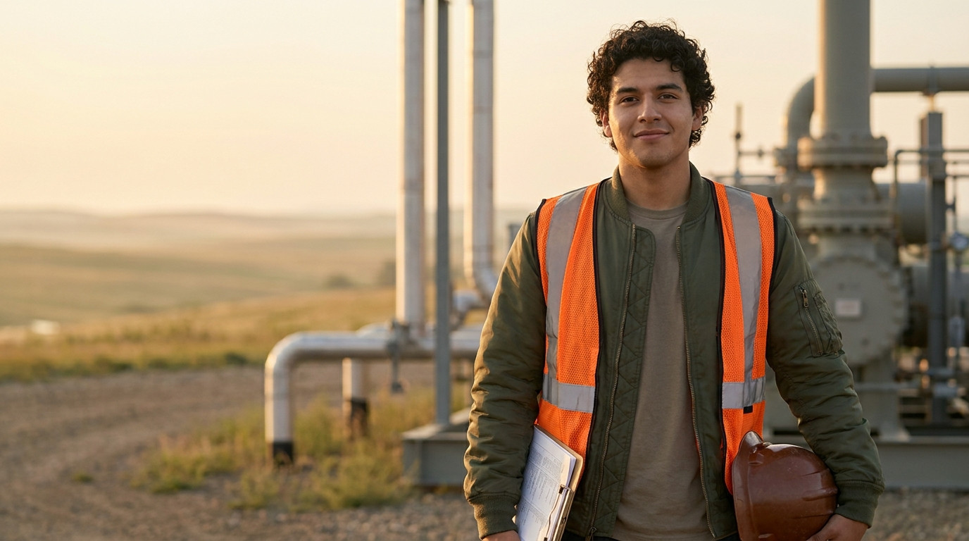 A college student in work boots and a reflective safety vest standing near a natural gas compressor station on the edge 