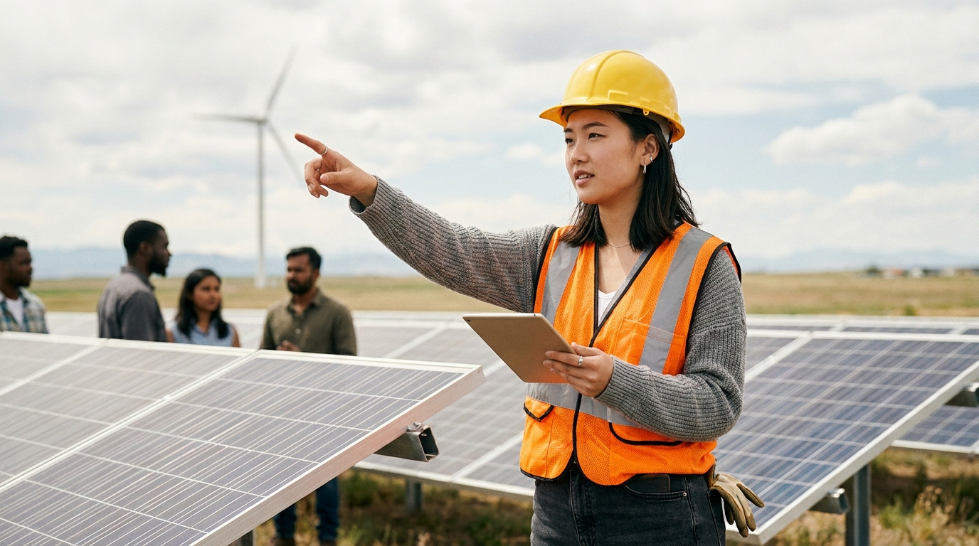 College student in a hard hat and reflective safety vest standing beside a row of solar panels at a Colorado solar field
