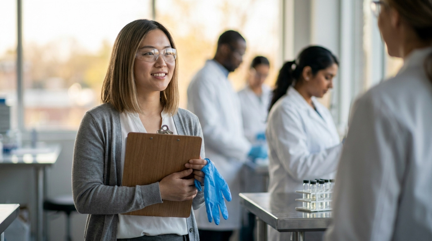 College student in a lab coat and safety glasses standing in a modern pharmaceutical research lab, holding a clipboard b