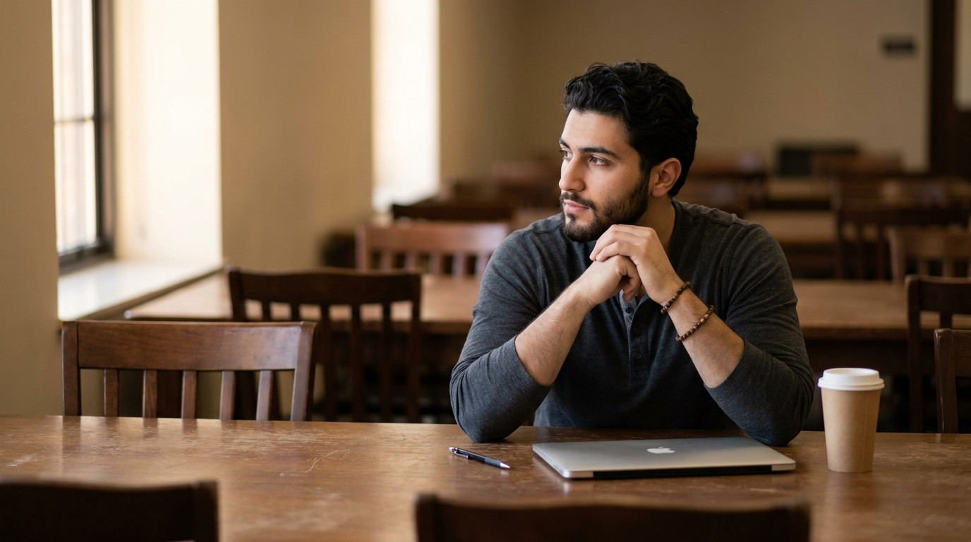 A student sitting alone at a long wooden table in a nearly empty university library reading room, early morning, pale li