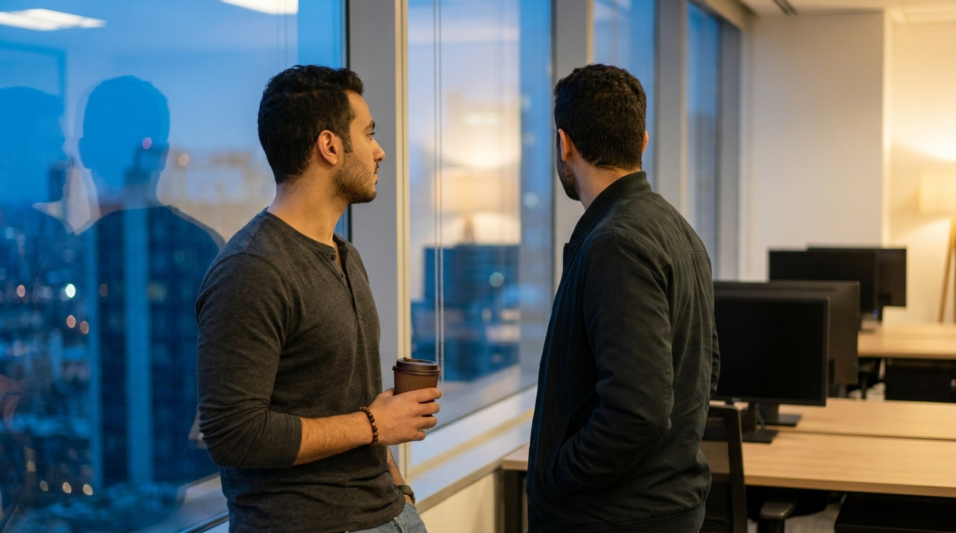 Exactly two students standing at a wide office window on a high floor overlooking a city at dusk, both seen from behind