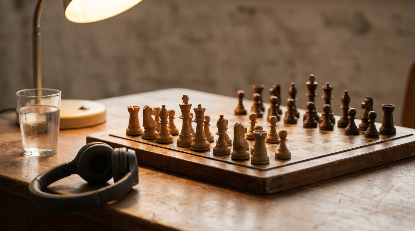 Extreme close-up of a chessboard mid-game on a scuffed wooden desk, pieces cast in long shadow by a single desk lamp jus