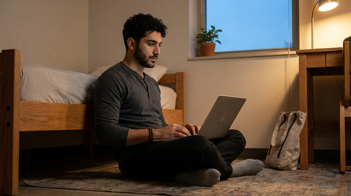 A student sitting cross-legged on the floor of a small dorm room with their back against the side of a bed, a laptop ope