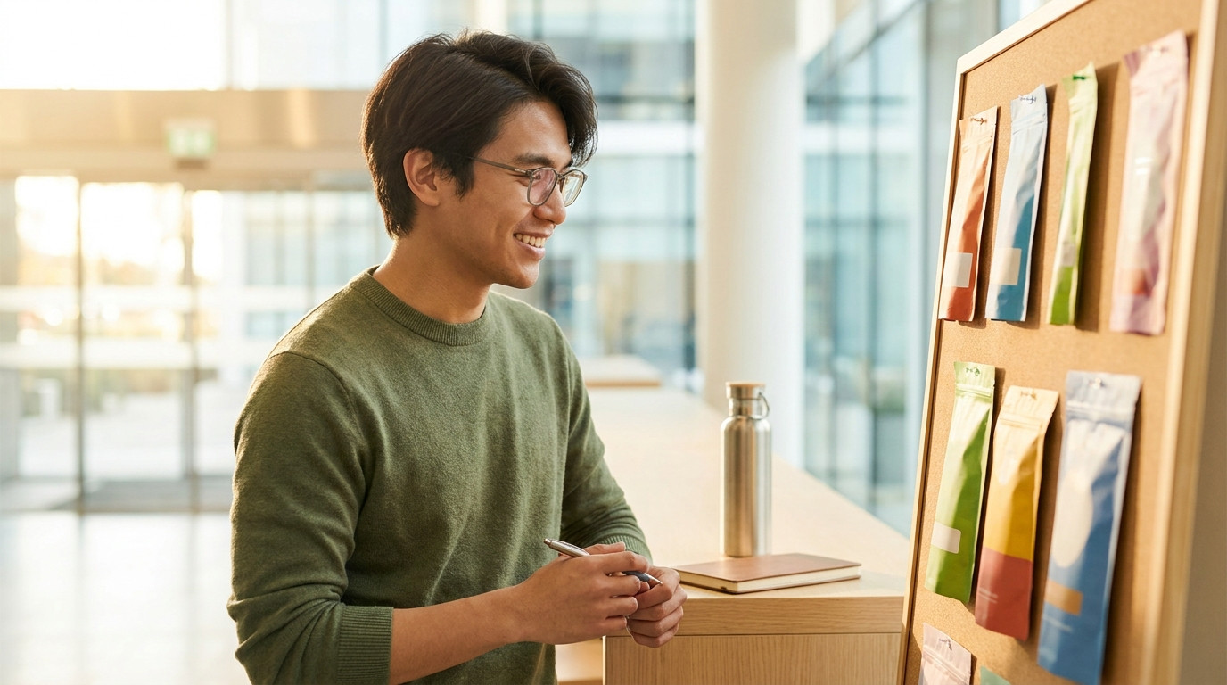 A college student in a smart casual outfit standing in the bright atrium of a modern corporate headquarters, reviewing a