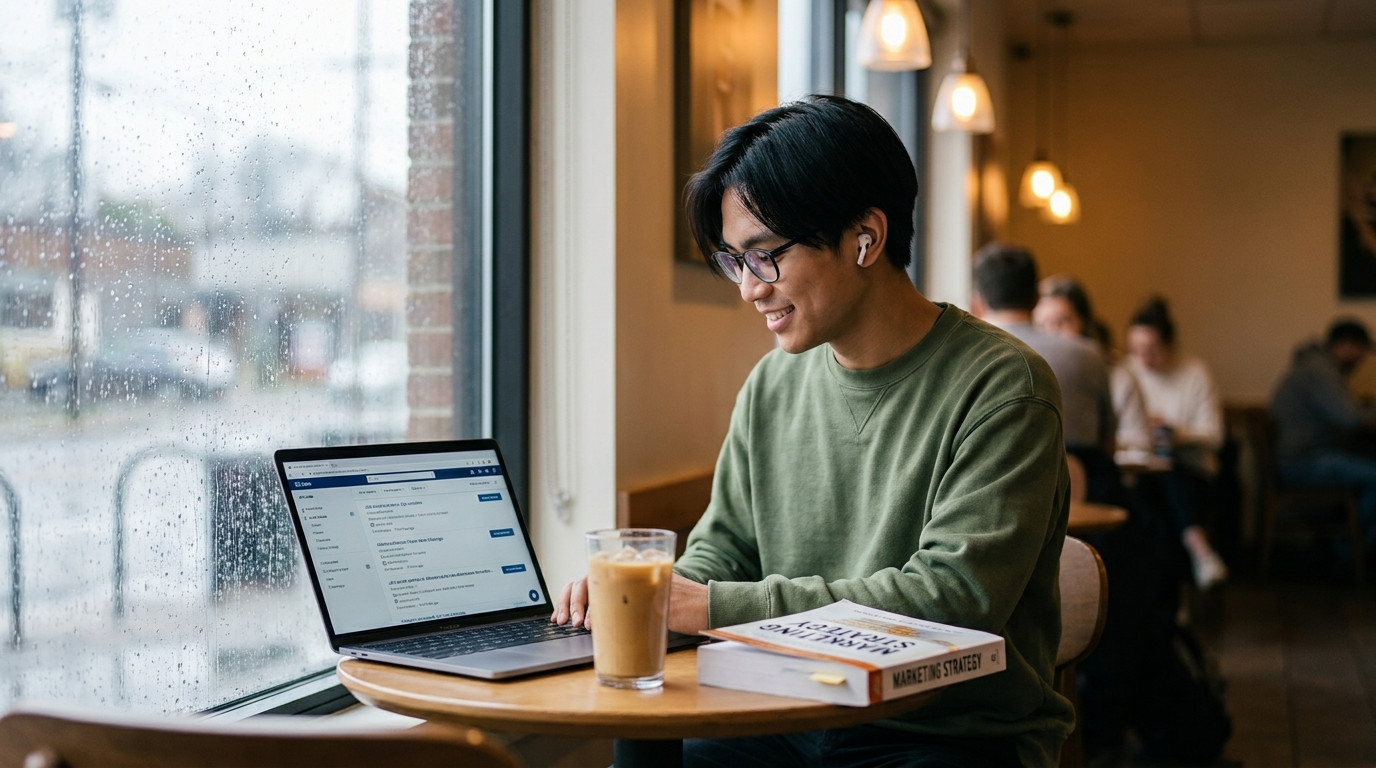 A college student sitting alone at a small café table near a window on a rainy afternoon, scrolling through a job listin