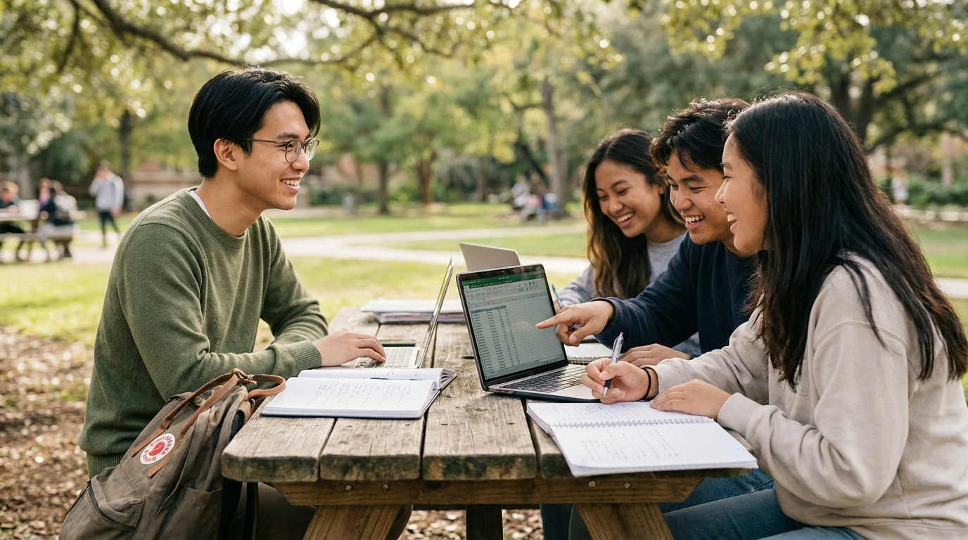 Four college students sitting together at an outdoor picnic table on a sunny campus quad, laptops open and notebooks sca