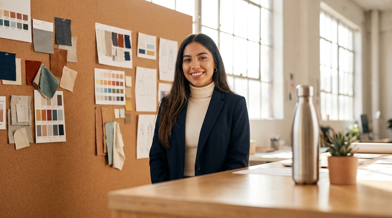 A college student in a fitted blazer and sneakers standing in front of a mood board covered with fabric swatches, color 
