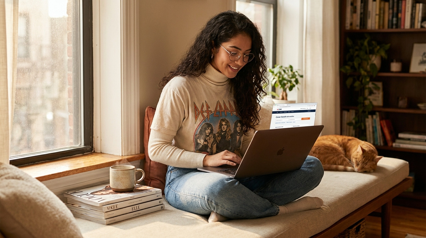 A college student sitting cross-legged on a cushioned window seat in a sunny apartment, scrolling through a careers port