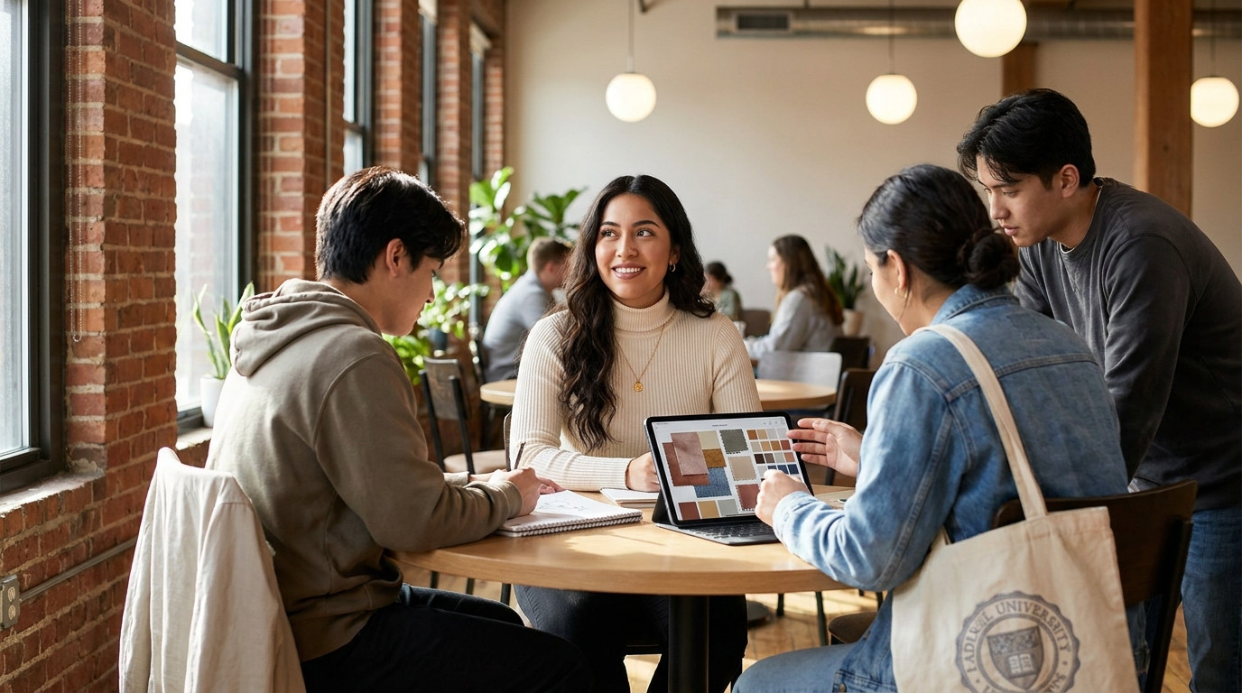 Three college students sitting together at a round table in a bright co-working space with exposed brick walls and hangi