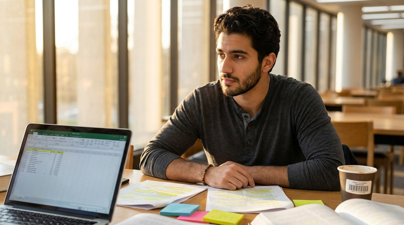 A college student sitting at a library desk with a laptop open to a spreadsheet, surrounded by highlighted printed pages