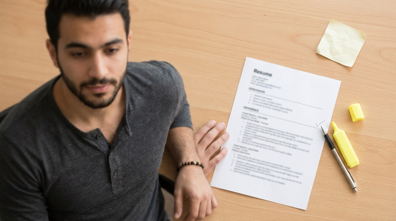 A close-up of a printed resume on a wooden desk, with a yellow highlighter uncapped next to it. The resume text is sligh