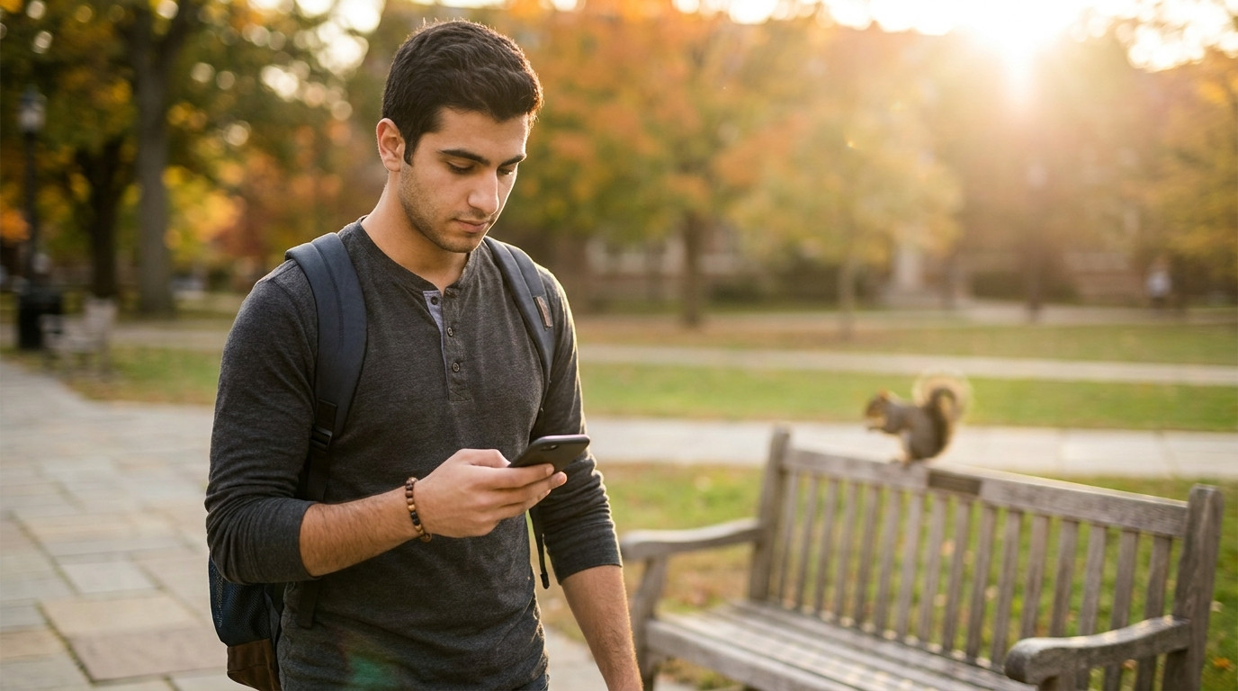 A student walking across a university quad at golden hour, backpack on one shoulder, looking at their phone. Trees with