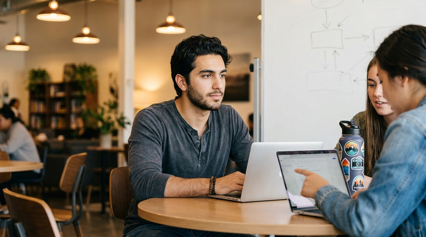 Three students sitting together at a round table in a co-working space, each with a laptop open, one of them pointing at