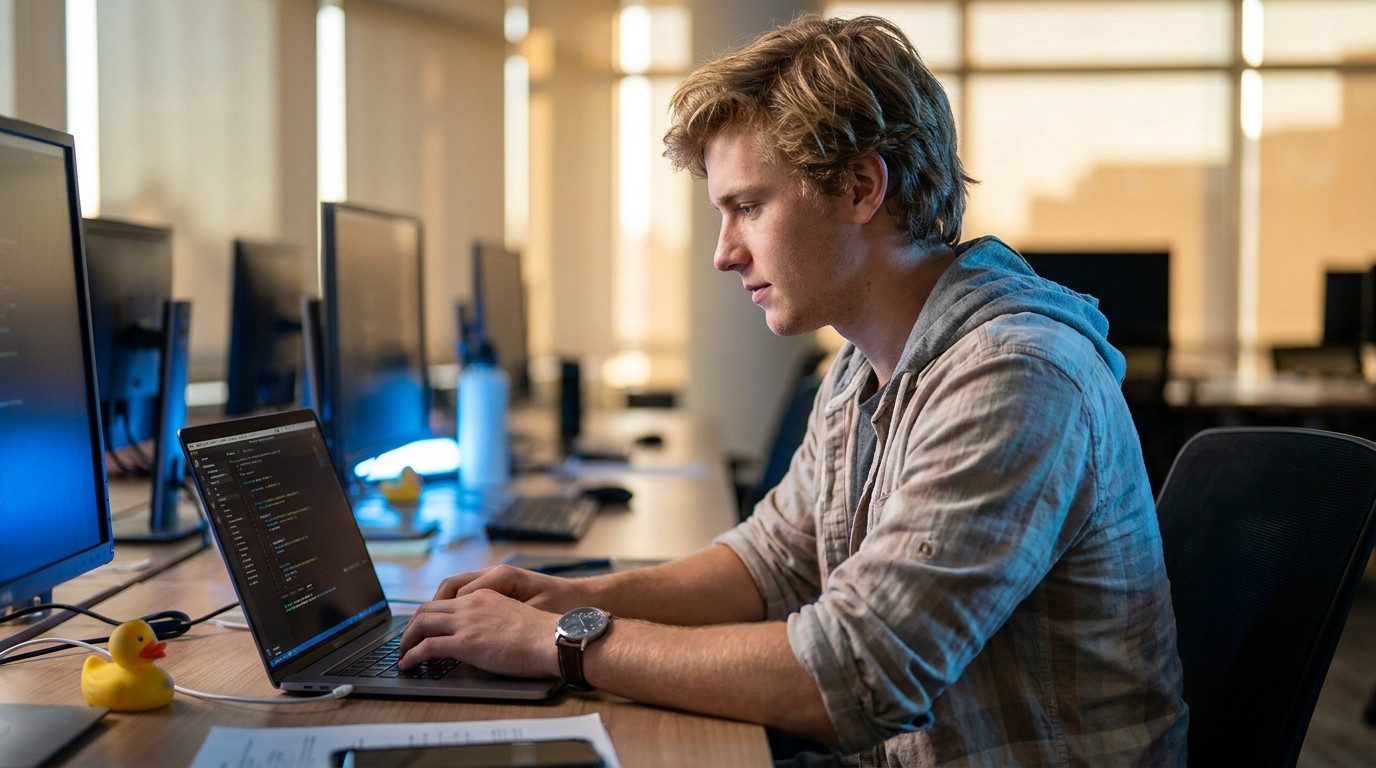 A college student sitting at a desk in a modern computer lab, typing on a laptop with a code editor visible on screen, w
