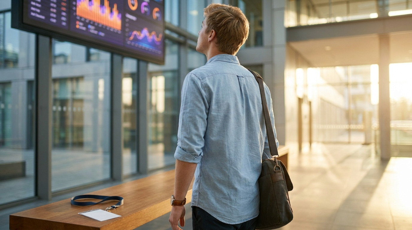 A student walking through a modern tech company lobby with glass walls, carrying a laptop bag, looking up at a large scr