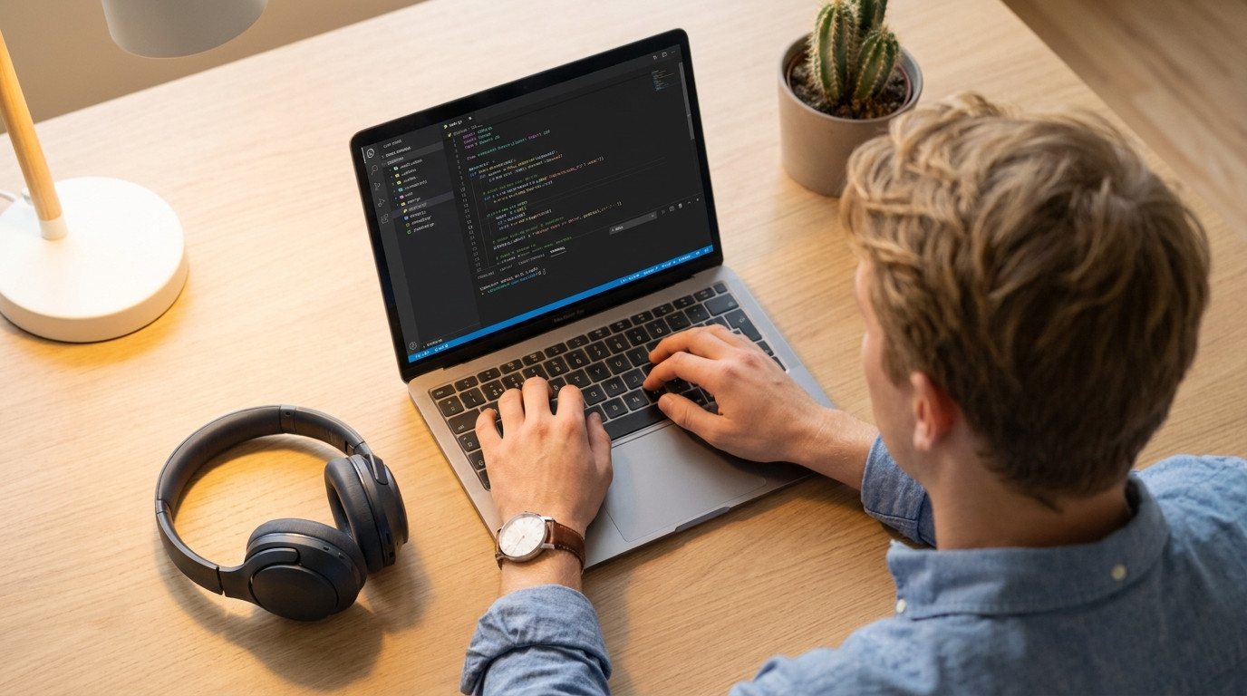 A close-up of a laptop screen showing lines of Python code with syntax highlighting, a dark theme editor. A pair of head