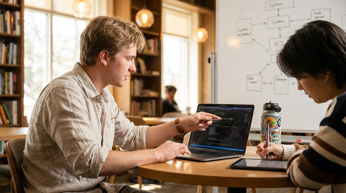 Two students sitting at a round table in a co-working space, one pointing at code on a laptop screen while the other tak