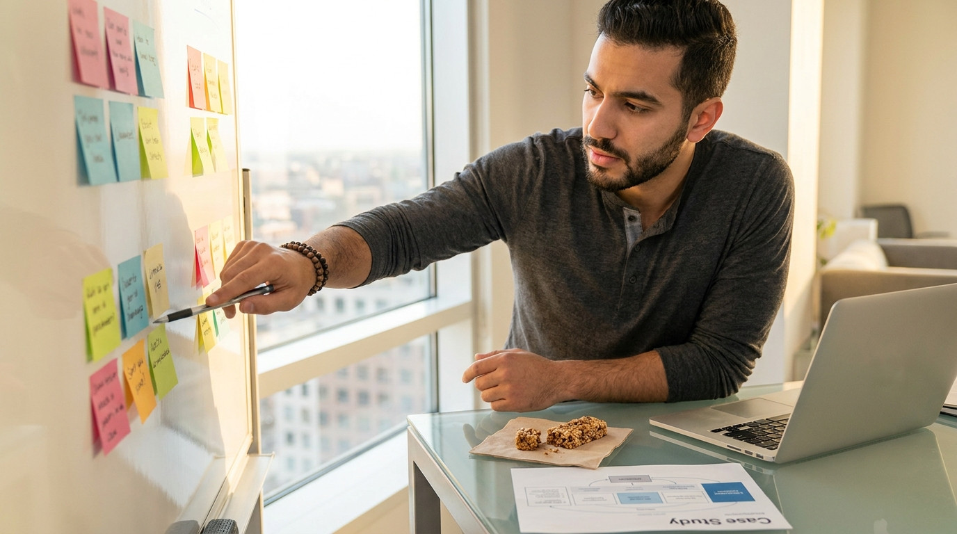 A young professional in a blazer sitting at a glass conference table with a laptop and a printed case framework diagram,