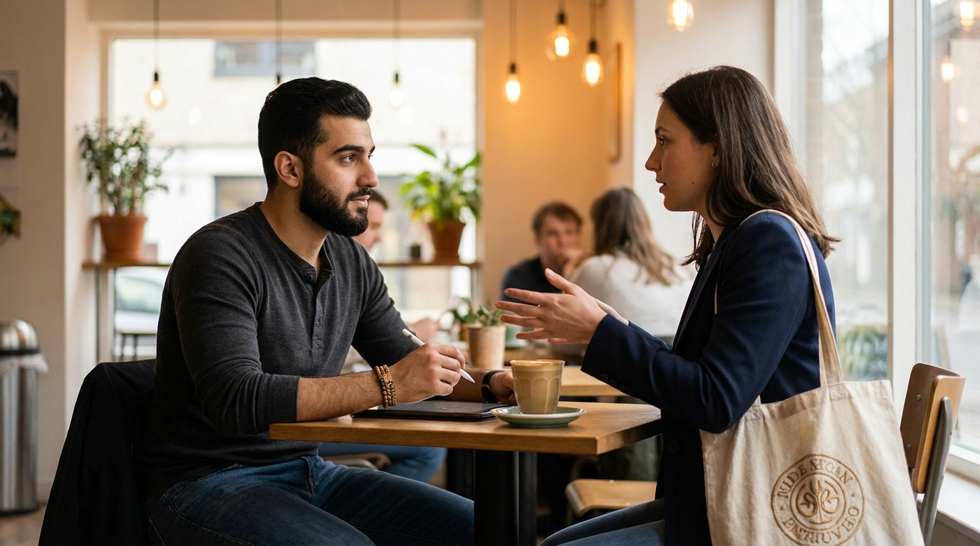 Two young professionals sitting across from each other at a small cafe table, one gesturing while explaining something,