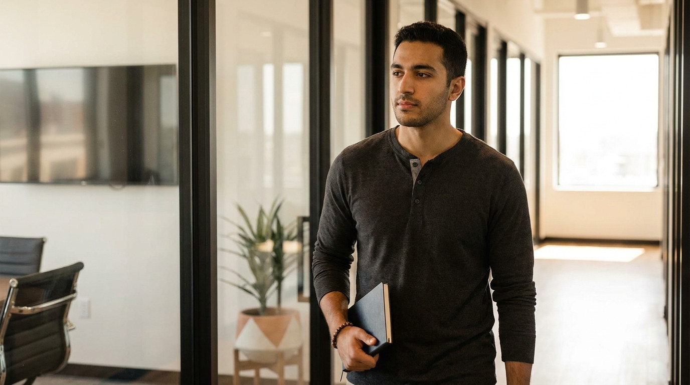 A young professional walking through a modern office hallway with glass-walled meeting rooms on both sides, holding a no
