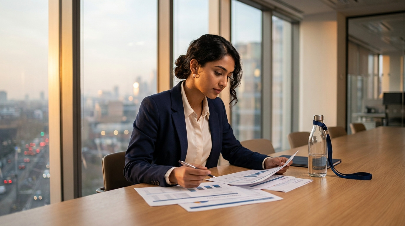 A young professional in a navy blazer sitting at a long conference table in a modern office, reviewing printed financial