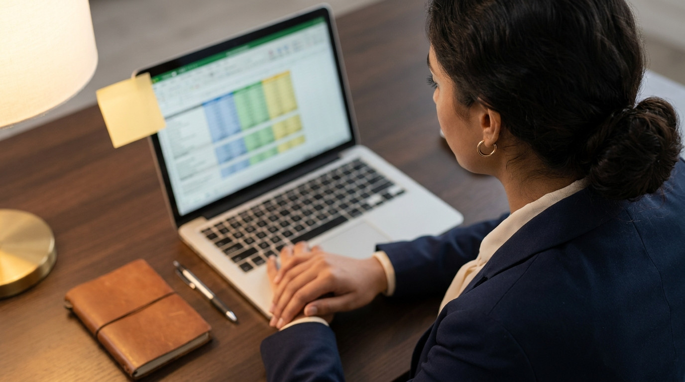 A close-up of a laptop screen showing a financial model spreadsheet with colored cells, slightly out of focus. A pen and