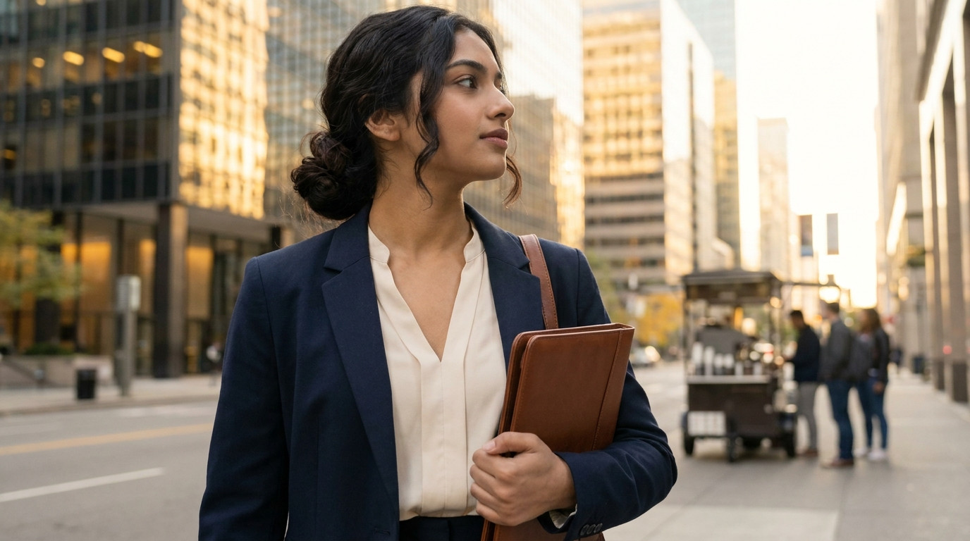 A young professional in a navy blazer walking through a financial district street at morning golden hour, carrying a lea