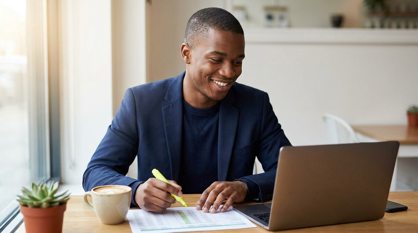 A college student in a navy blazer sitting at a cafe table, reviewing a printed spreadsheet with a highlighter in hand.