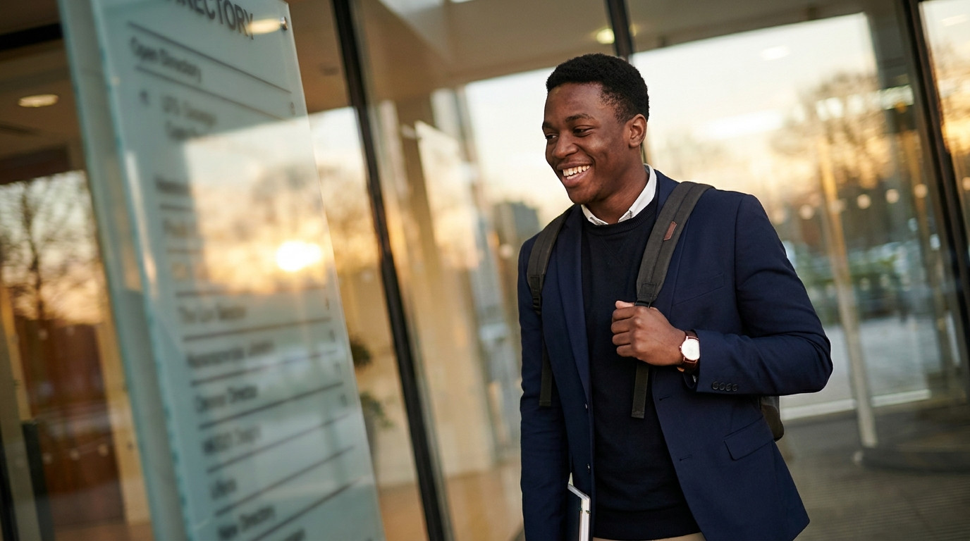 A student in a navy blazer walking through a glass-walled office lobby, carrying a notebook under one arm, looking at a
