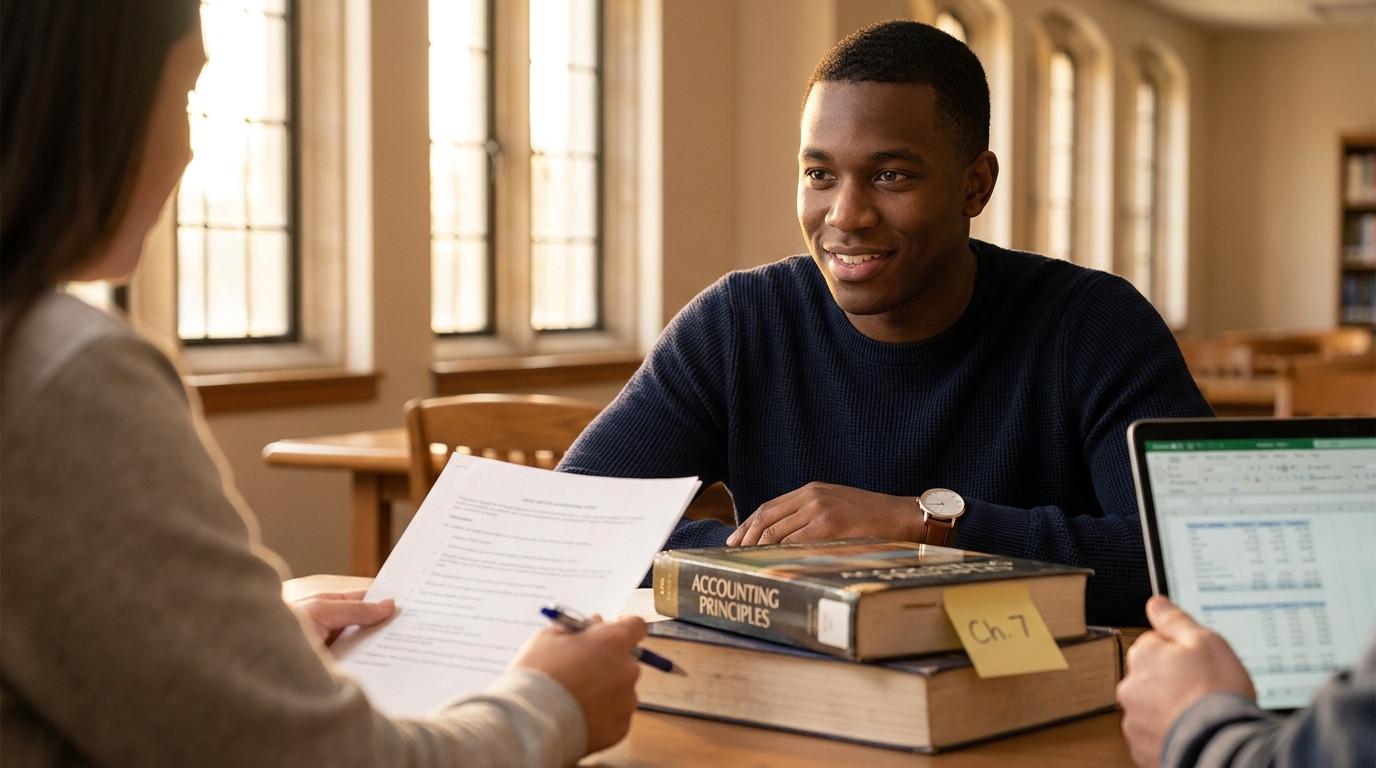 Two students sitting across from each other at a library study table, one with a laptop showing a spreadsheet, the other